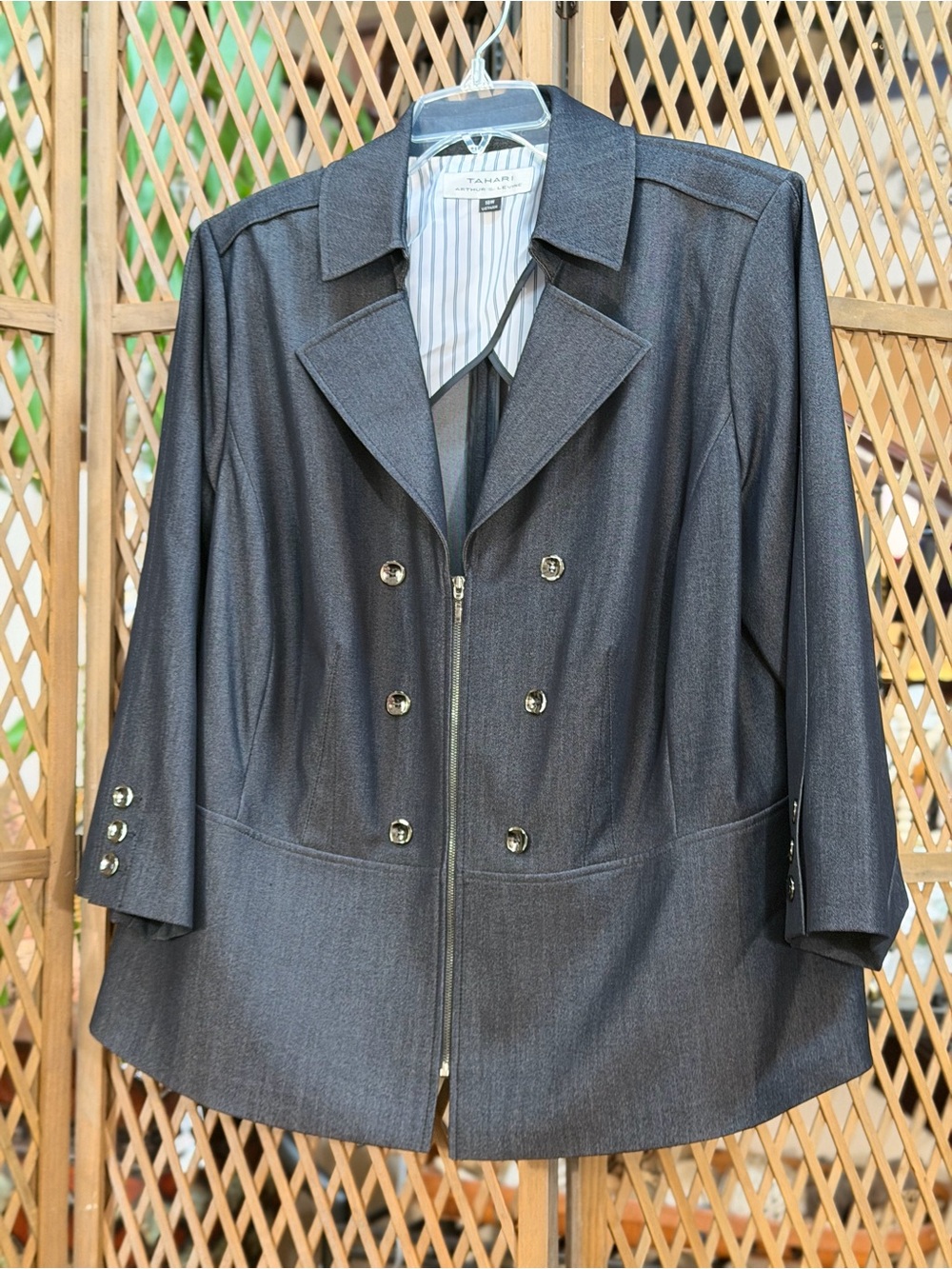 Tahari Chambray/Charcoal Gray Double-Breasted Blazer with Zipper